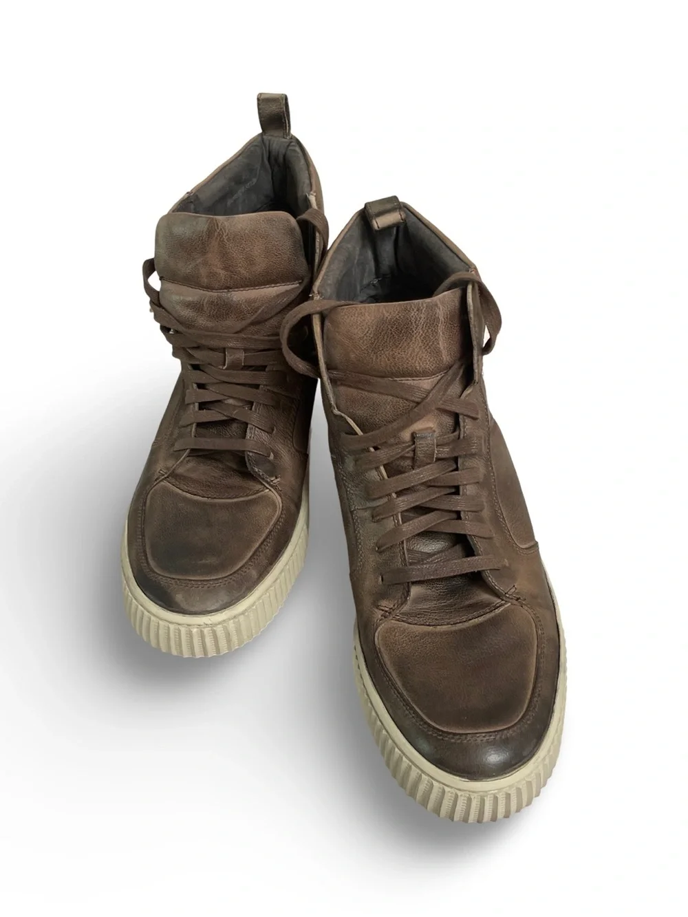 John Varvatos Brown Distress Leather High-Top Sneakers with Cream Sole.